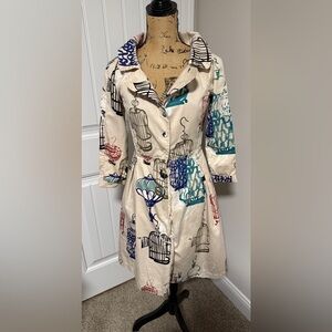 Hoss Intropia Button Down Midi Dress Sz 38 (10/12) Bird Cage Print, Vintage Boho